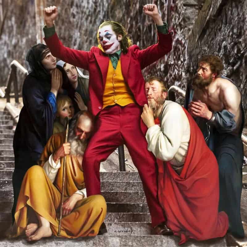 Joker from 'The Dark Knight' with a group of people on stairs, some in costumes.