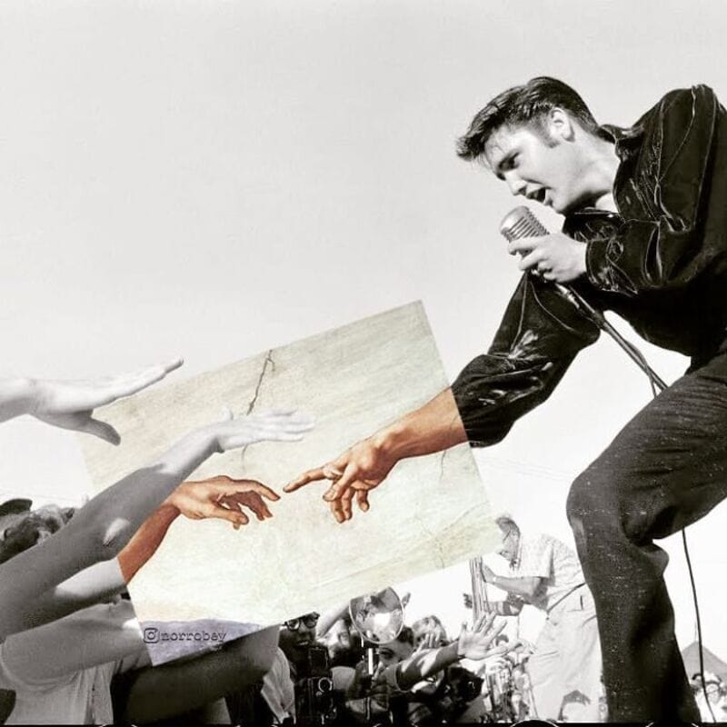 A singer reaches out to touch a hand from a mural of The Creation of Adam.