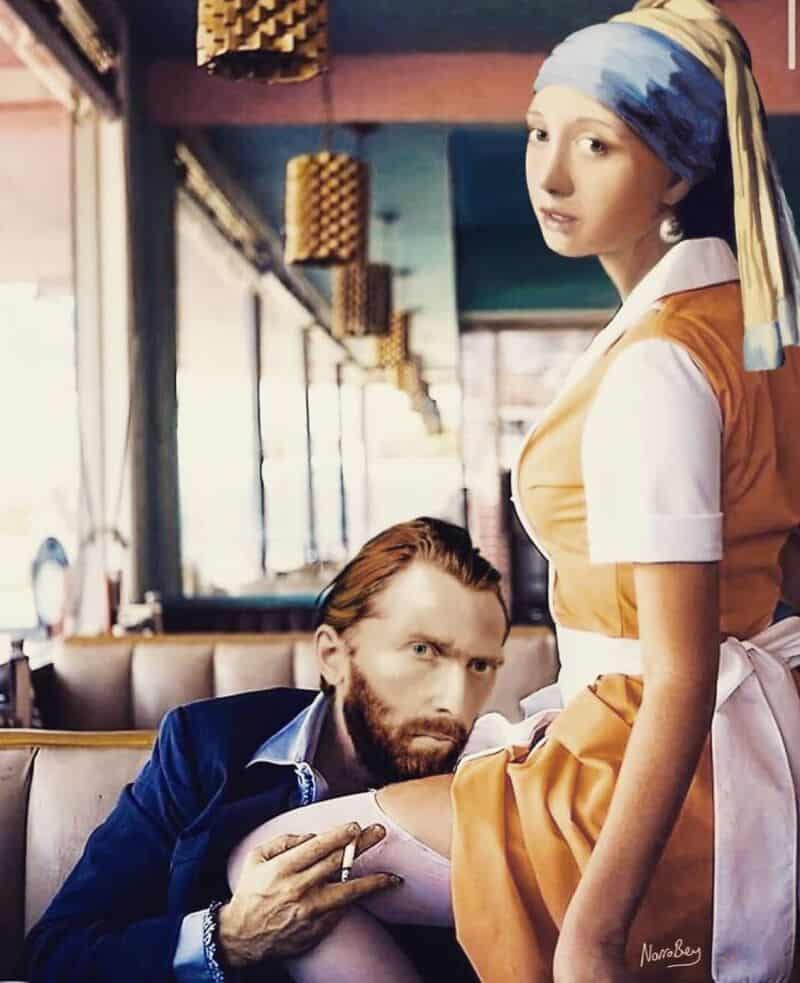 A woman in a vintage waitress uniform with a blue headscarf and a man with a beard in a blue jacket.