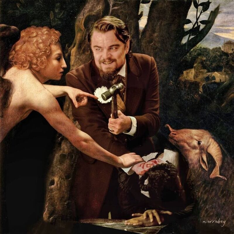 A man with a beard and a woman with curly hair in a jungle scene with animals.