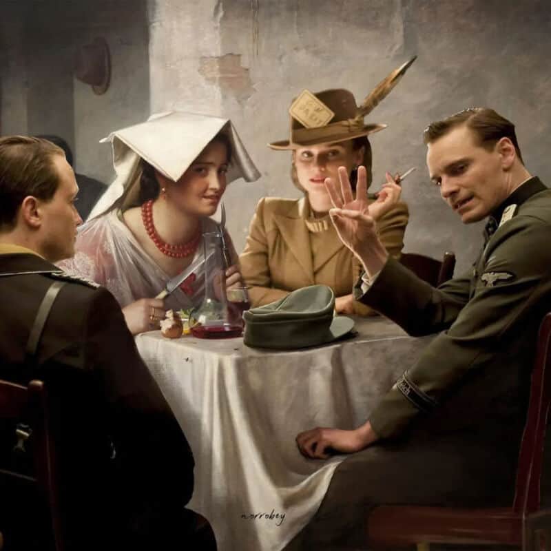 Four people at a table, two women and two men, in vintage costumes, in a dimly lit room.