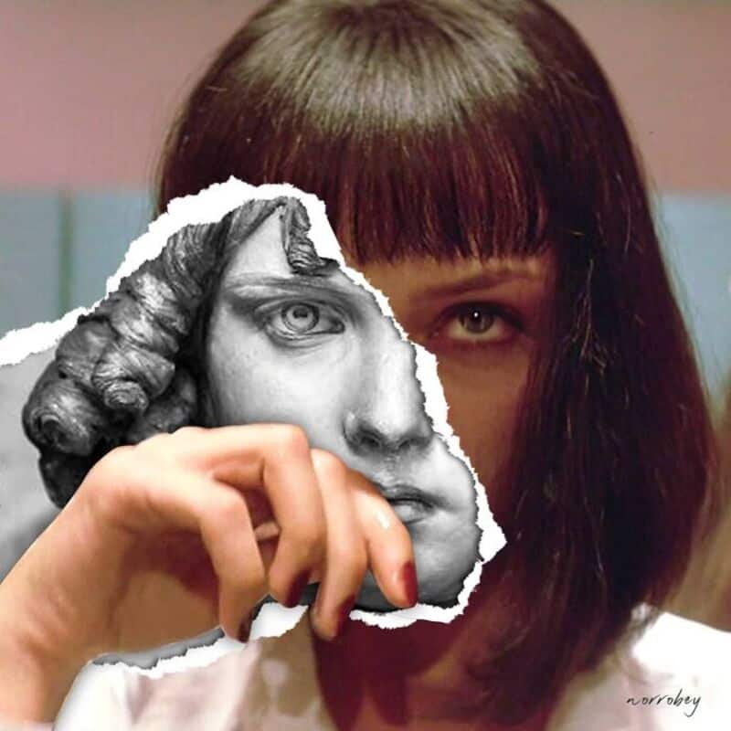 A woman with dark hair holds a torn piece of paper with a classical sculpture's face over her own.