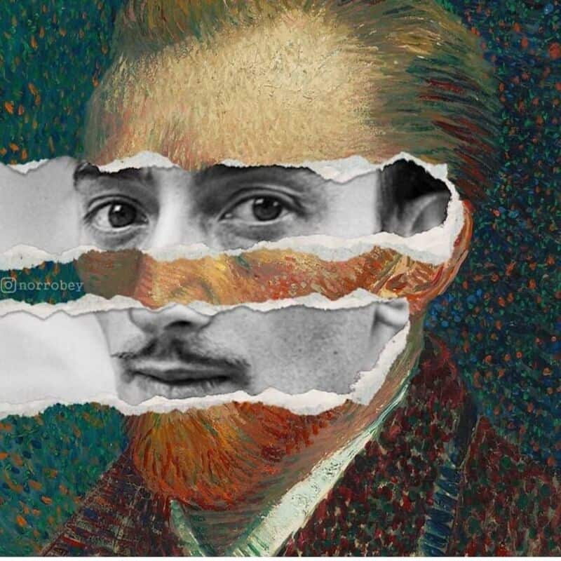 Collage of a man's face with torn paper strips revealing different facial features.