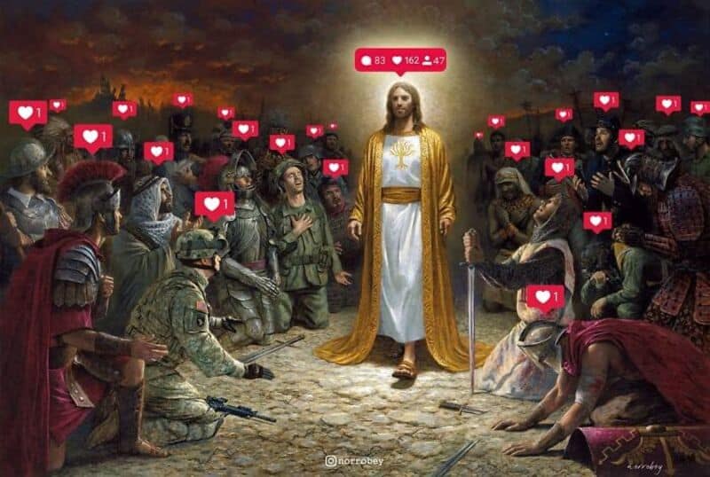 Jesus surrounded by people with social media likes and hearts.