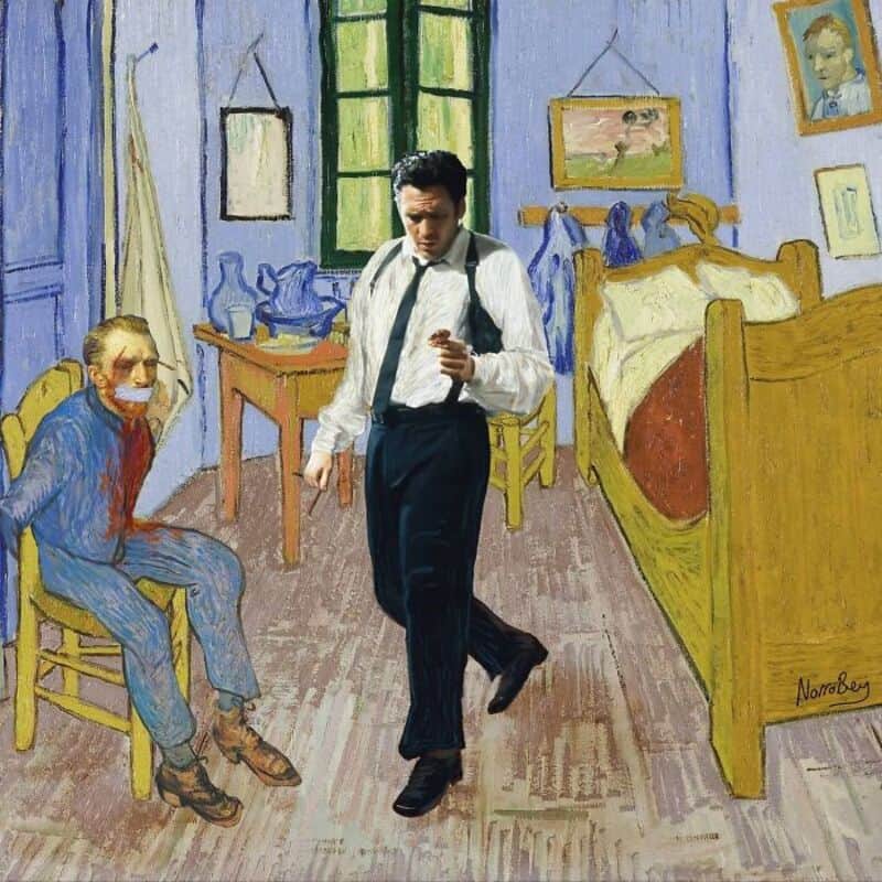 A man in a white shirt and black pants dancing in a colorful room with a seated elderly man.