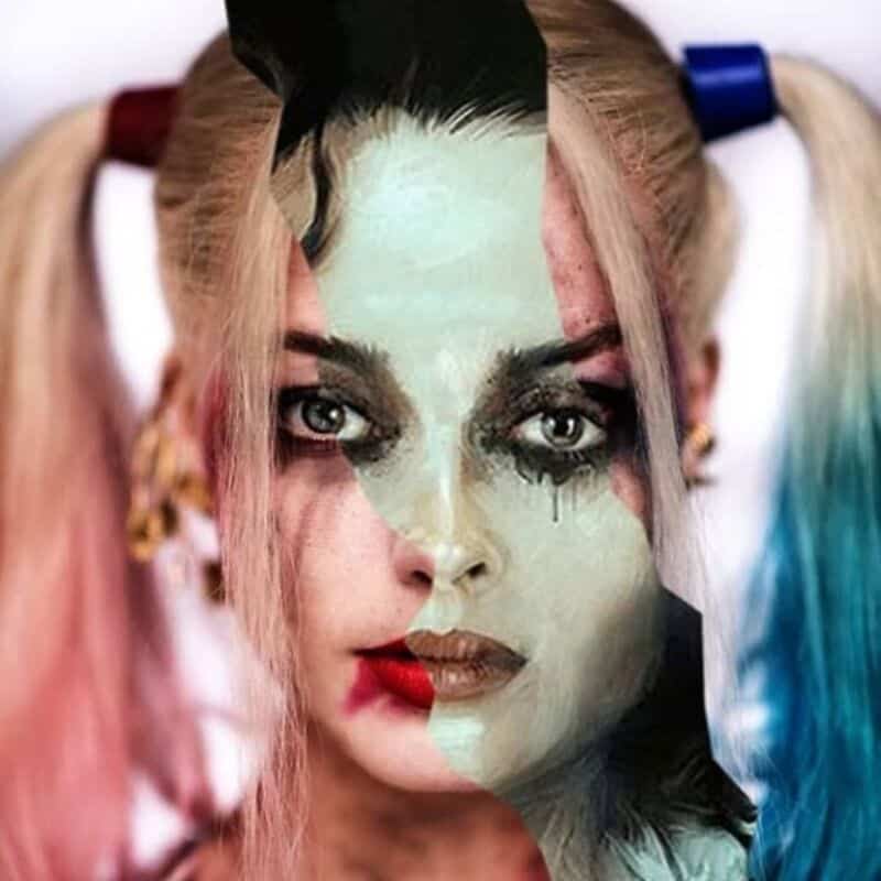 Split image of a woman with half Harley Quinn and half Joker makeup.