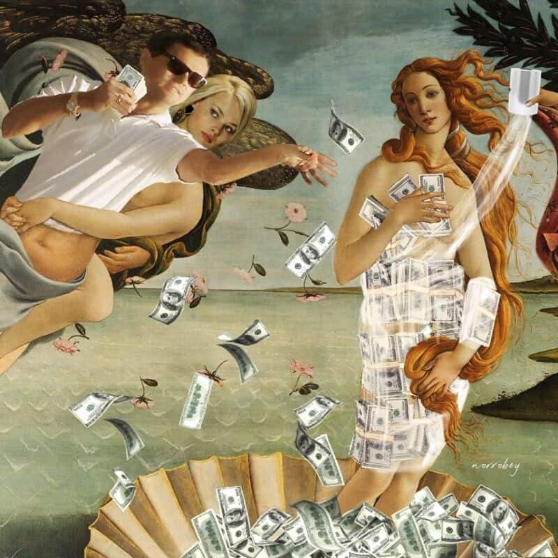 Classical art mashup with modern elements, featuring women with money and a man with sunglasses.