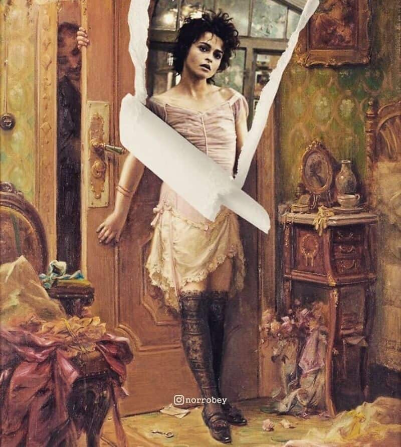 Woman with dark curly hair peeks through a torn wall in a vintage room.