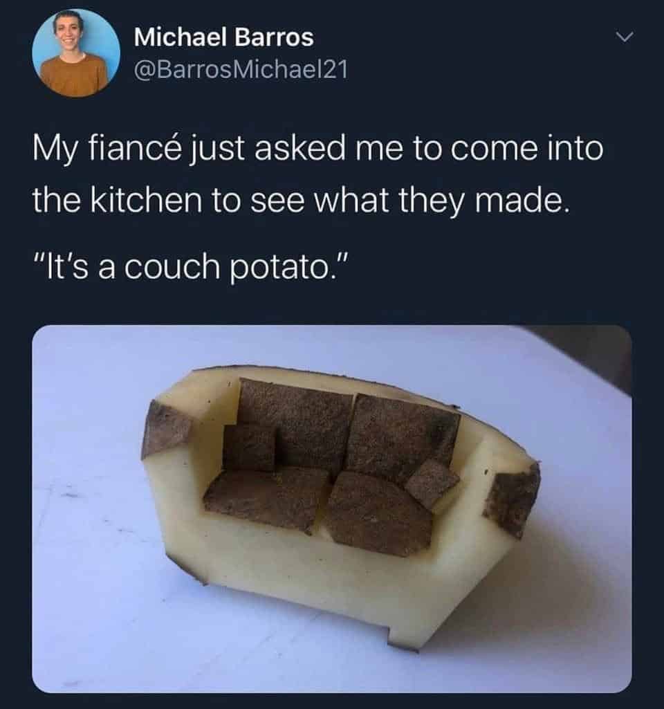 A couch made from a potato with smaller potato pieces as cushions.