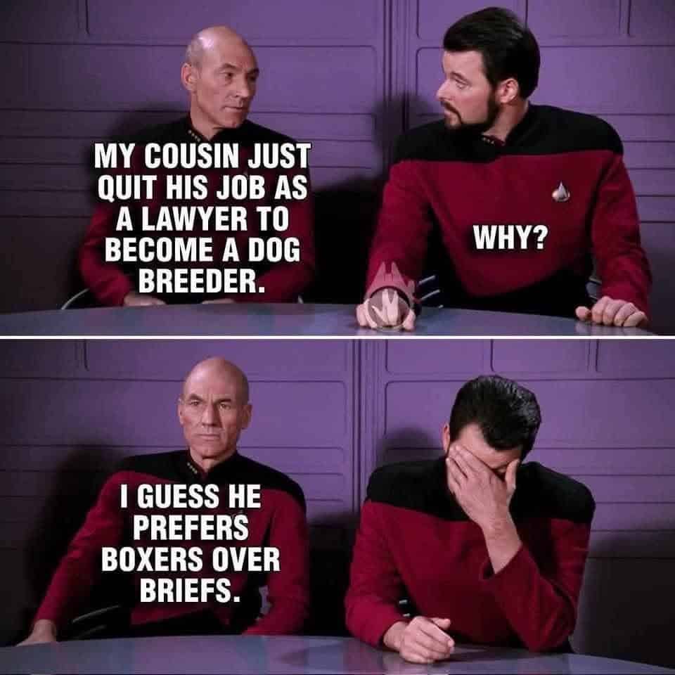 Star Trek meme with two characters discussing a lawyer becoming a dog breeder.