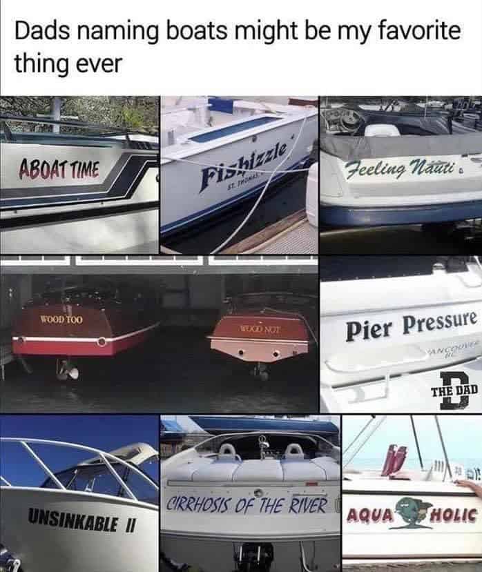 Collection of boats with humorous names like 'Aboat Time' and 'Unsinkable II'.