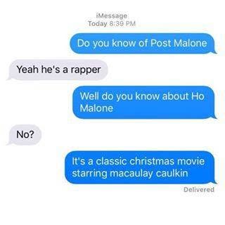 Text message conversation about Post Malone and Ho Malone, referencing a Christmas movie.