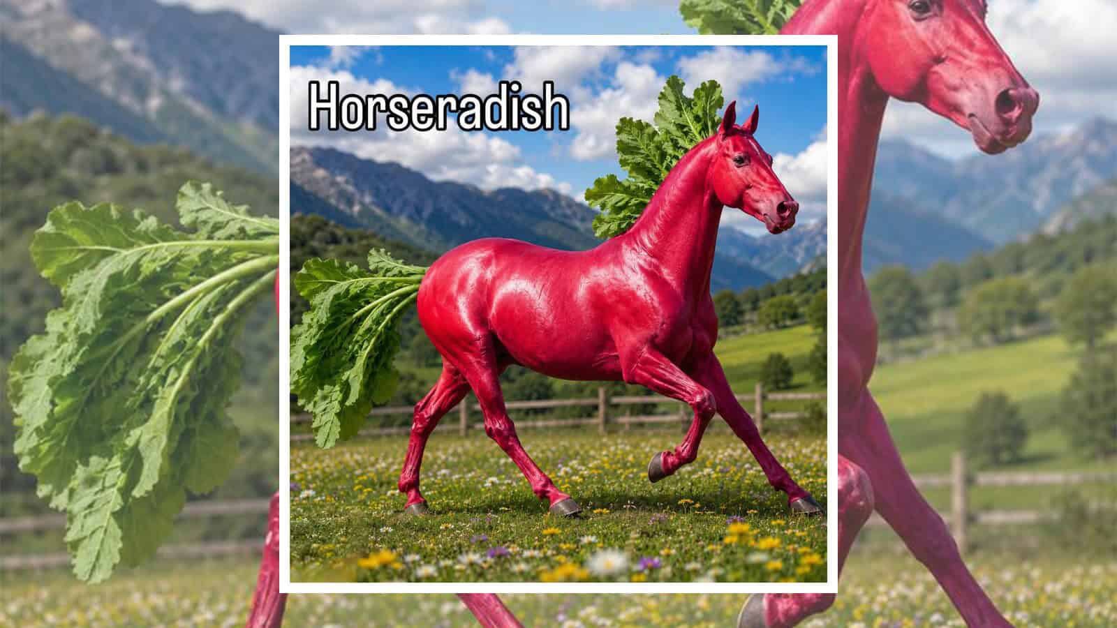 A red horse with leafy greens on its back in a scenic mountain landscape.