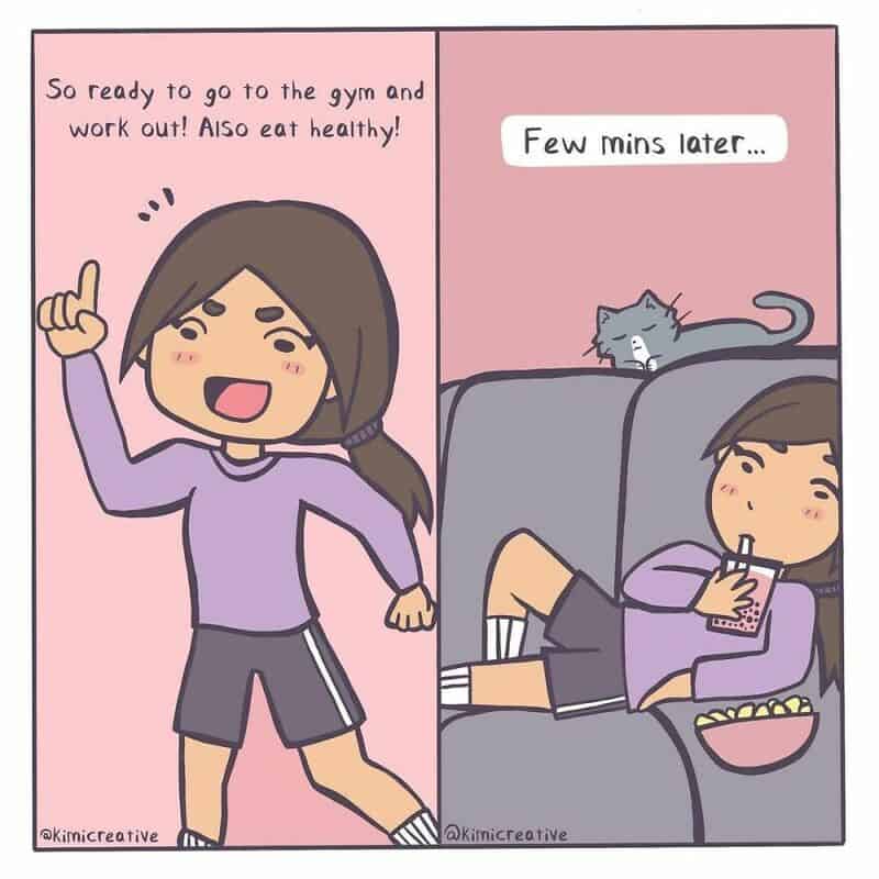 Girl excited to work out, then relaxing on sofa eating snacks, with cat nearby.