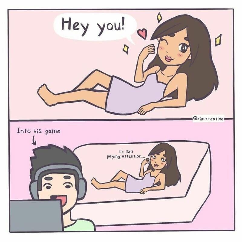 Relatable comic of girl calling out to boyfriend distracted by game.