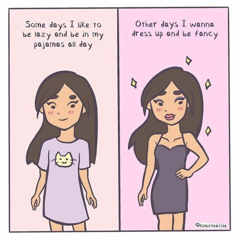 Comic showing girl in pajamas and fancy dress, reflecting her mood.