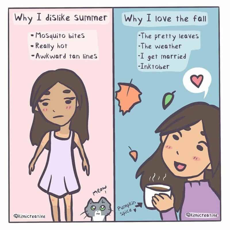 Relatable comic about summer dislikes and fall loves with girl and cat.