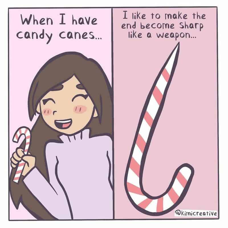 Girl with candy cane and a sharp candy cane as a weapon, from relatable comics.