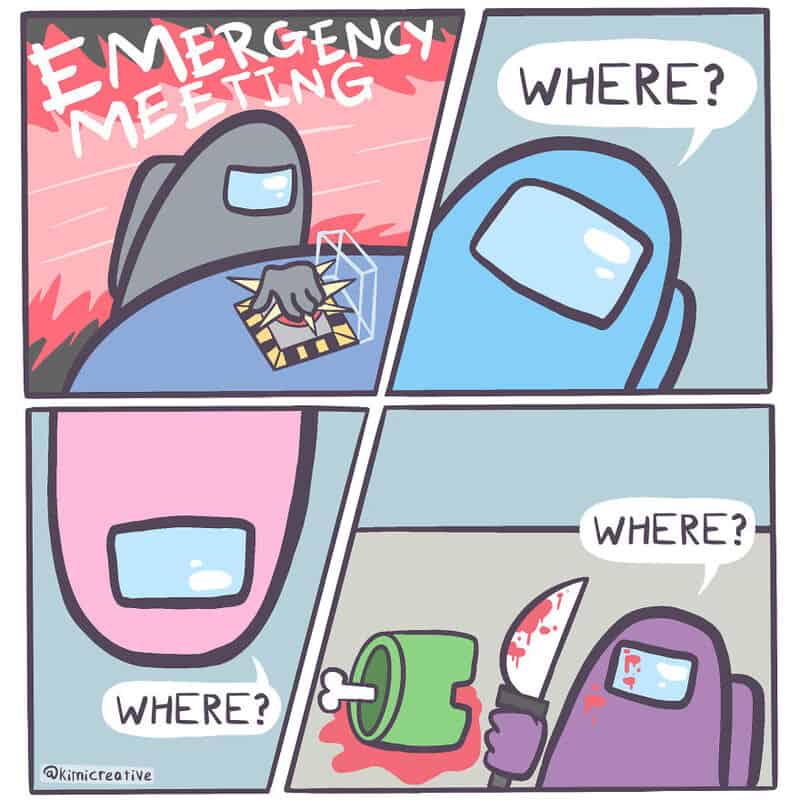 Comic strip of Among Us characters in emergency meeting, one with a knife and blood.