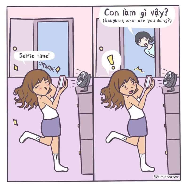 Girl taking a selfie while her mother asks what she's doing.