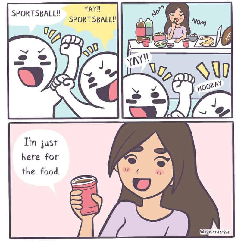 Comic strip of people excited for sports and a girl saying she's here for the food.