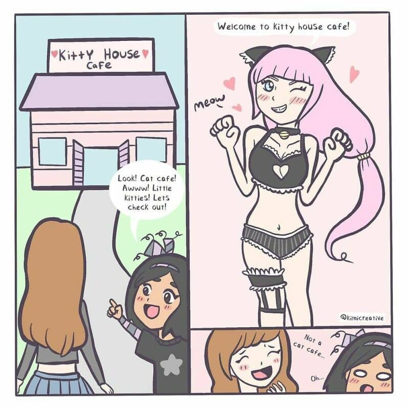 Cute cat girl at Kitty House Cafe with a human customer, cheerful and welcoming.