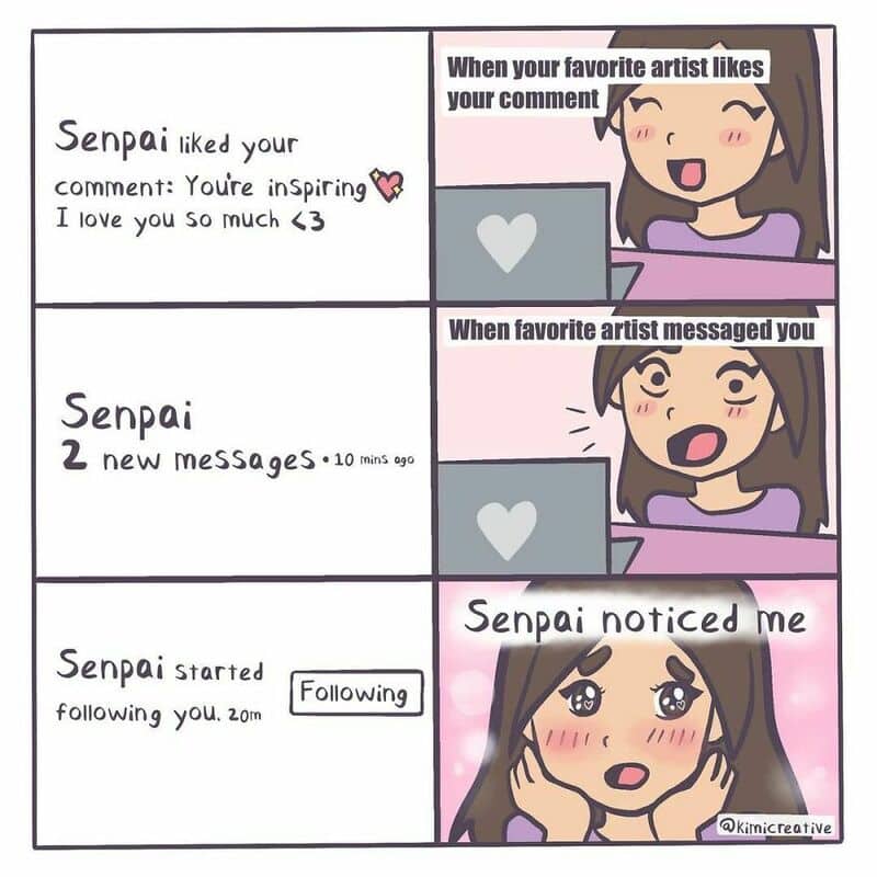 Comic strip about social media interactions with a girl and her 'Senpai'.