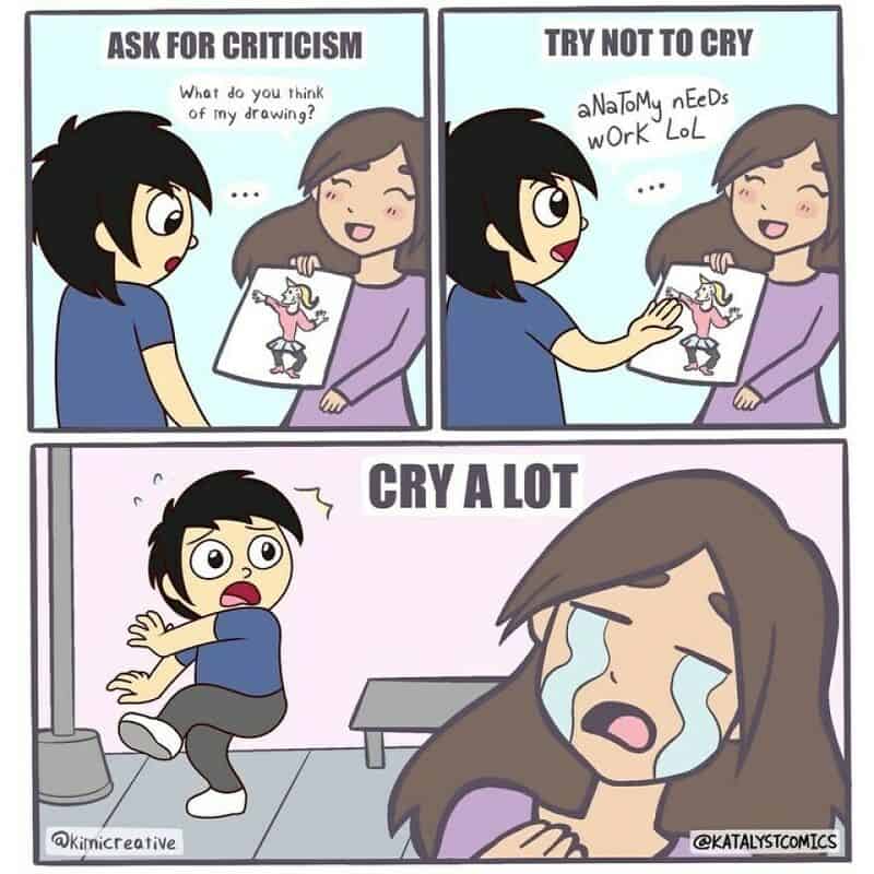 Comic strip about handling criticism and emotional reactions.