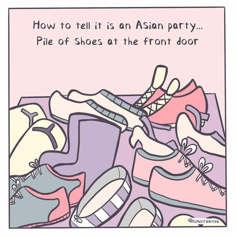 Pile of shoes at the front door with a caption about Asian parties.