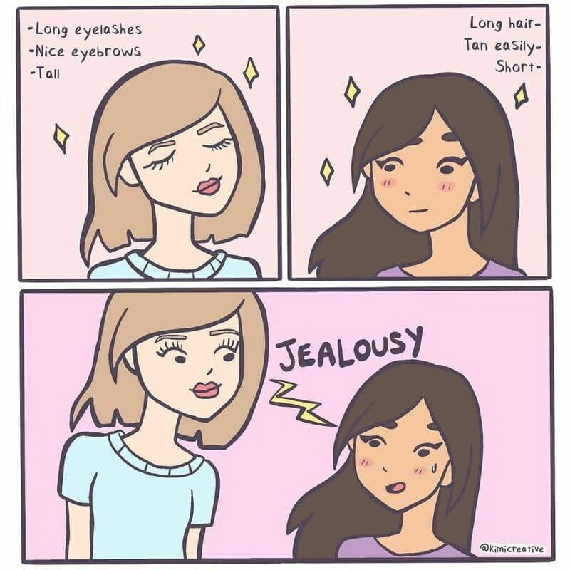 Comic showing two girls with different features, one with long eyelashes and the other with long, t-.