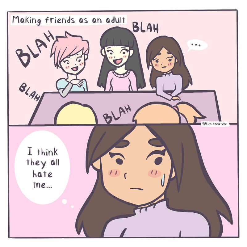 Making friends as an adult comic showing a girl feeling insecure about being disliked.