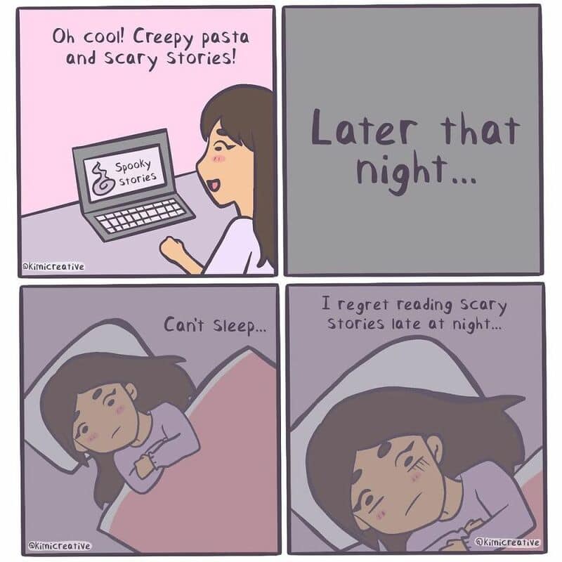 Comic strip about reading scary stories and regretting it at night.