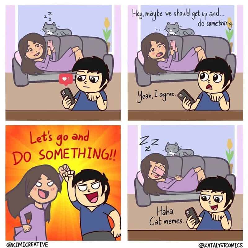 Comic strip of a girl and a boy on a couch, girl suggests doing something, they get excited, girl is.