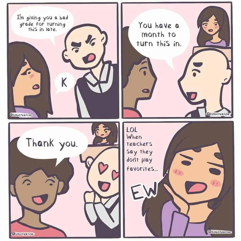 Comic strip about a teacher giving a late assignment, students' reactions, and a joke about teachers.