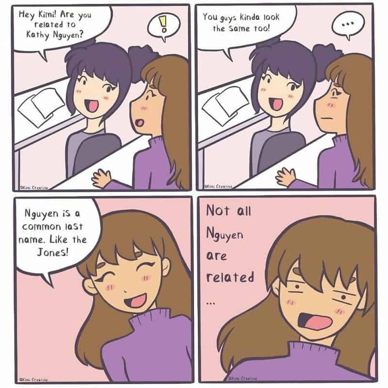 Comic strip about Kathy and Nguyen, discussing family names and relations.
