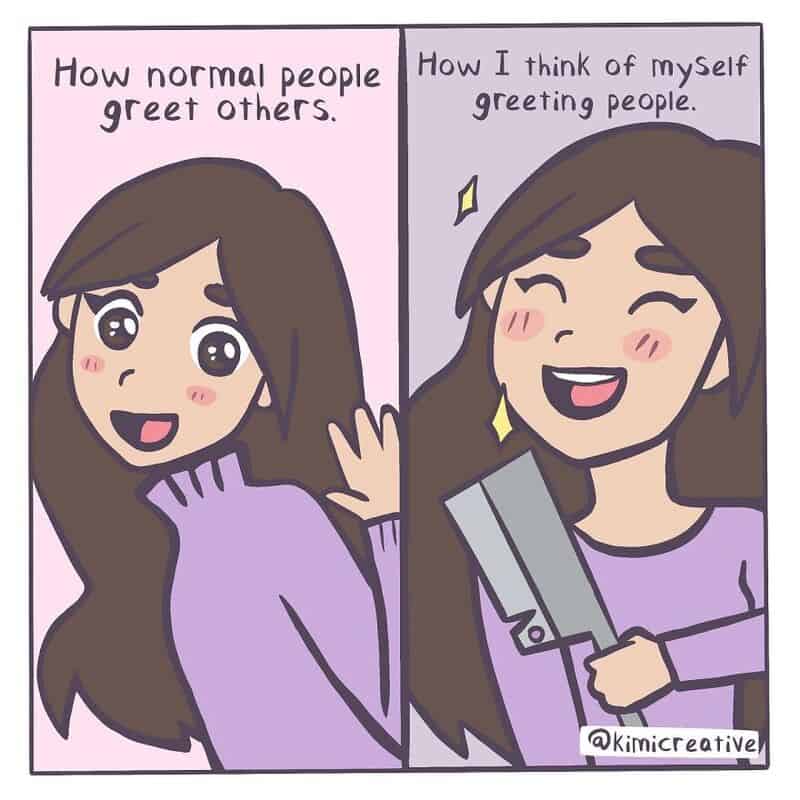 Comic showing normal greeting vs. self-greeting with a phone.