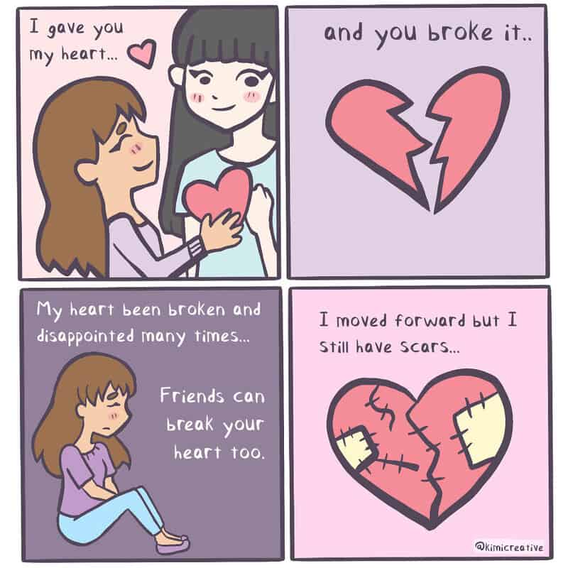 Comic strip about heartbreak with four panels showing emotional moments.
