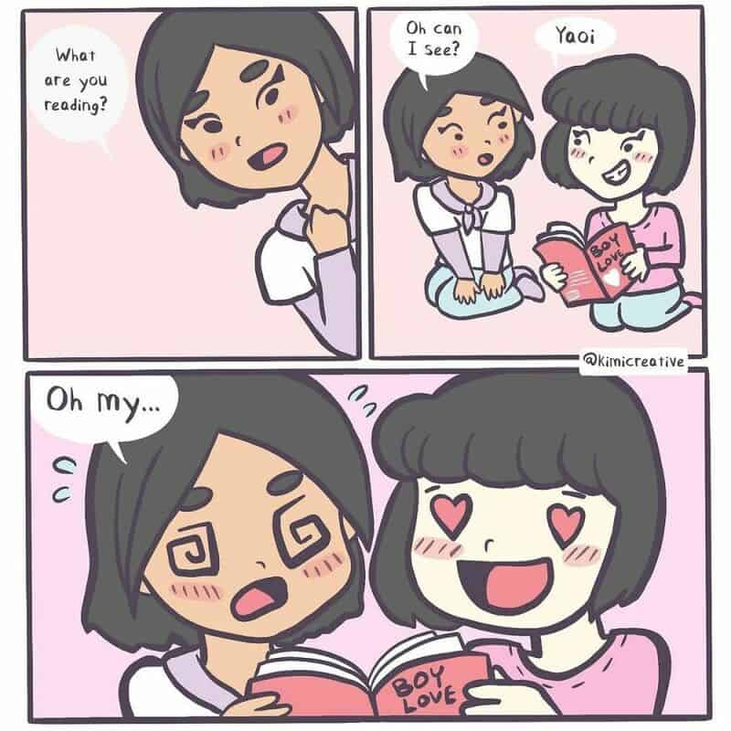 Two girls reading a book, one surprised, the other excited with love hearts.