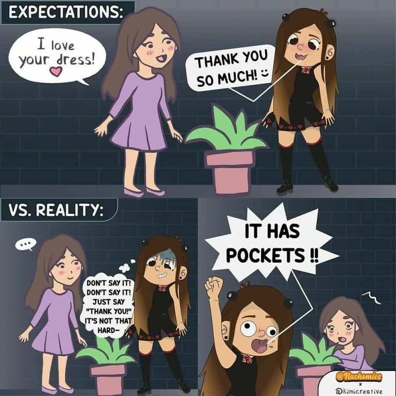 Comic comparing expectations and reality of complimenting a dress, showing humorous differences.
