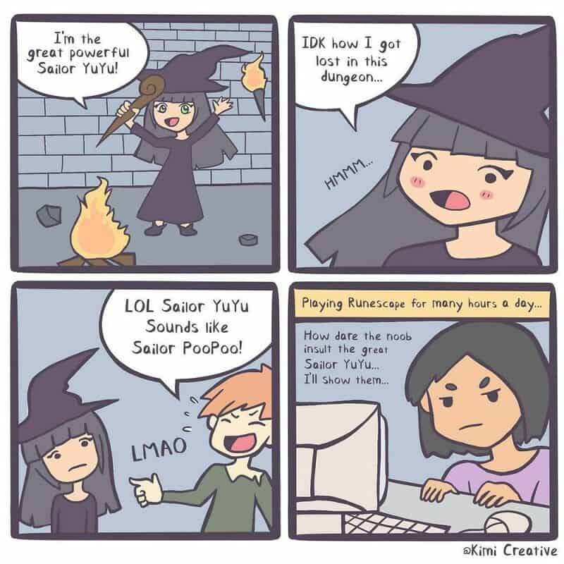 Comic strip of a girl dressed as a wizard, a girl lost in a dungeon, and a girl playing RuneScape.