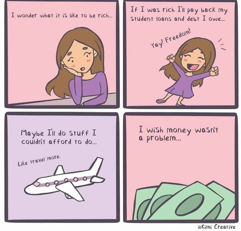 Comic strip of a girl dreaming about wealth, freedom, travel, and money.