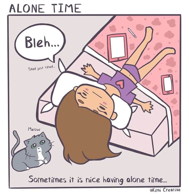Girl lying on bed with phone and tablet, cat nearby, saying 'Bleh...'.