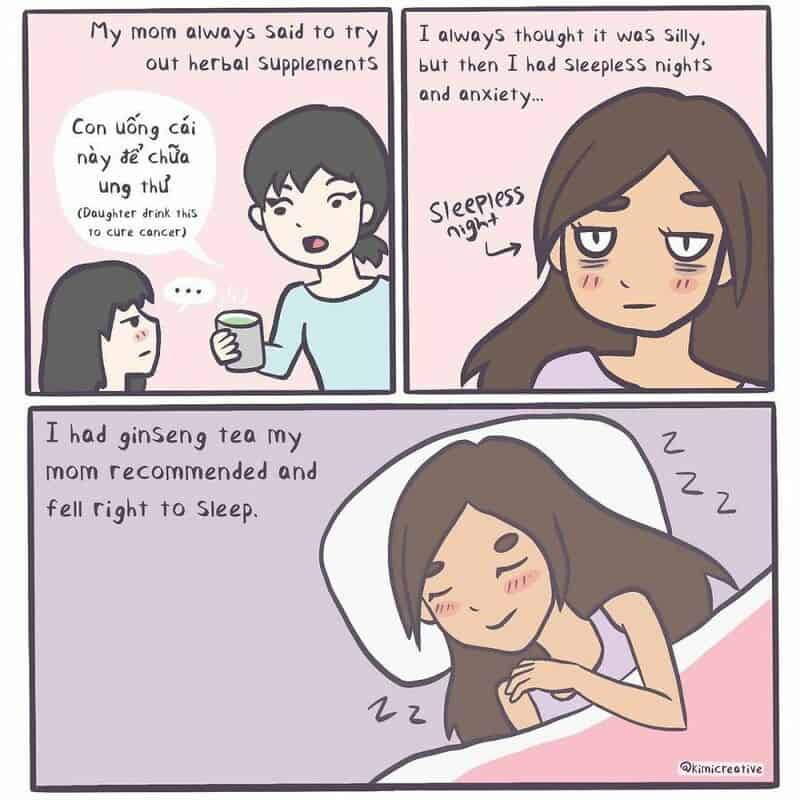 Relatable comic about sleepless nights and herbal tea for health.