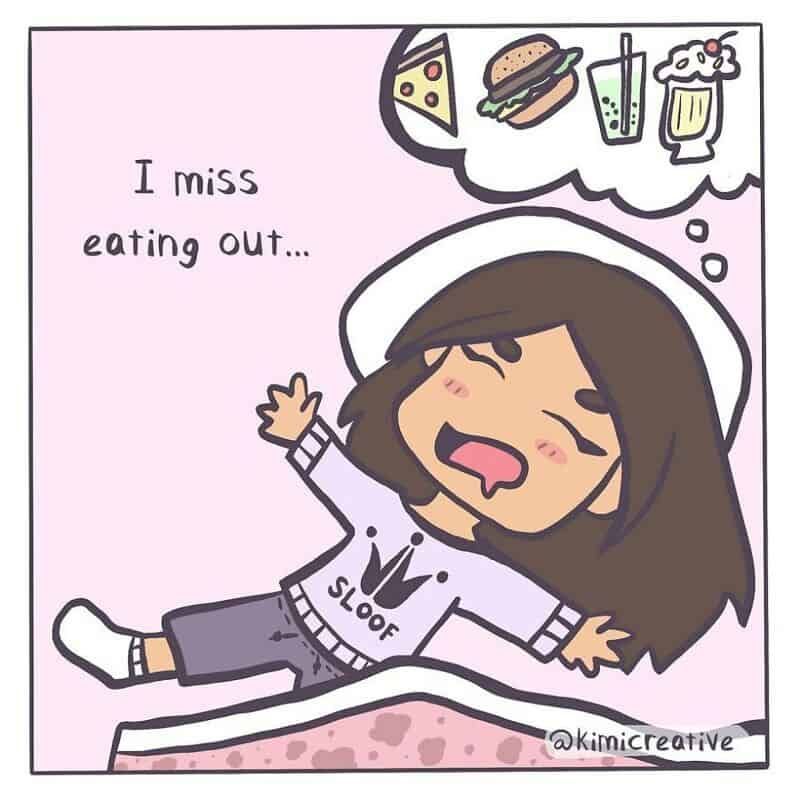 Girl dreaming of pizza, burger, drink, and beer, saying she misses eating out.
