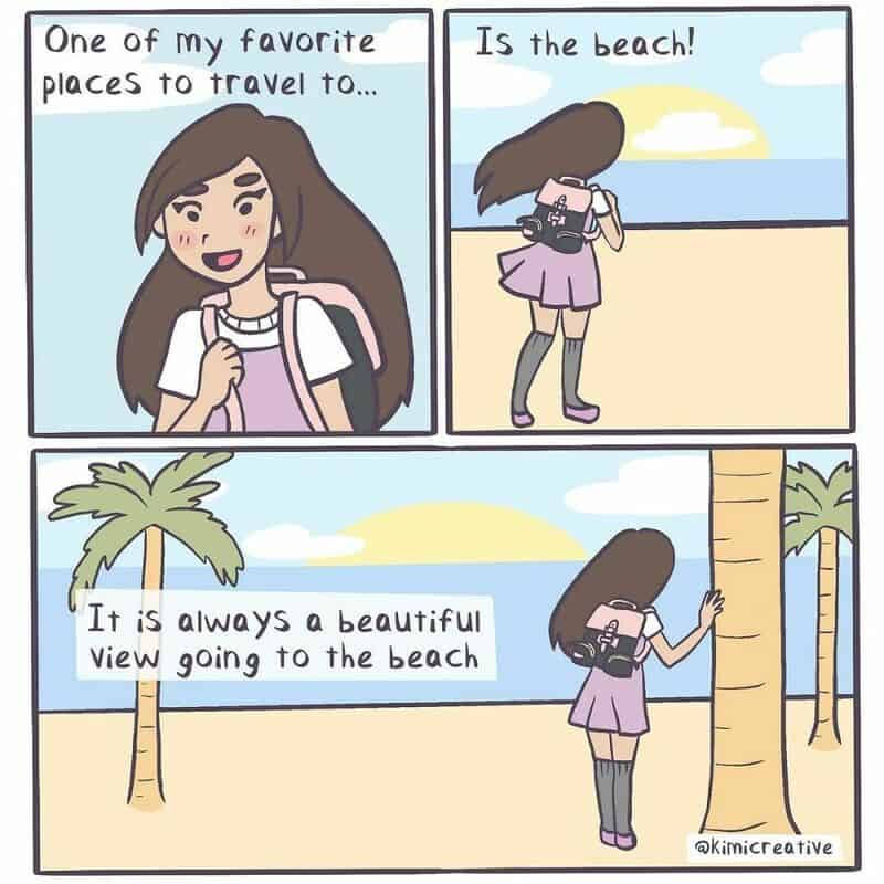 Girl with camera at the beach, enjoying the view and scenery.