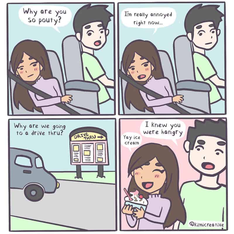 Girl and boy in car, girl annoyed, boy indifferent, girl hungry, girl eating cake.