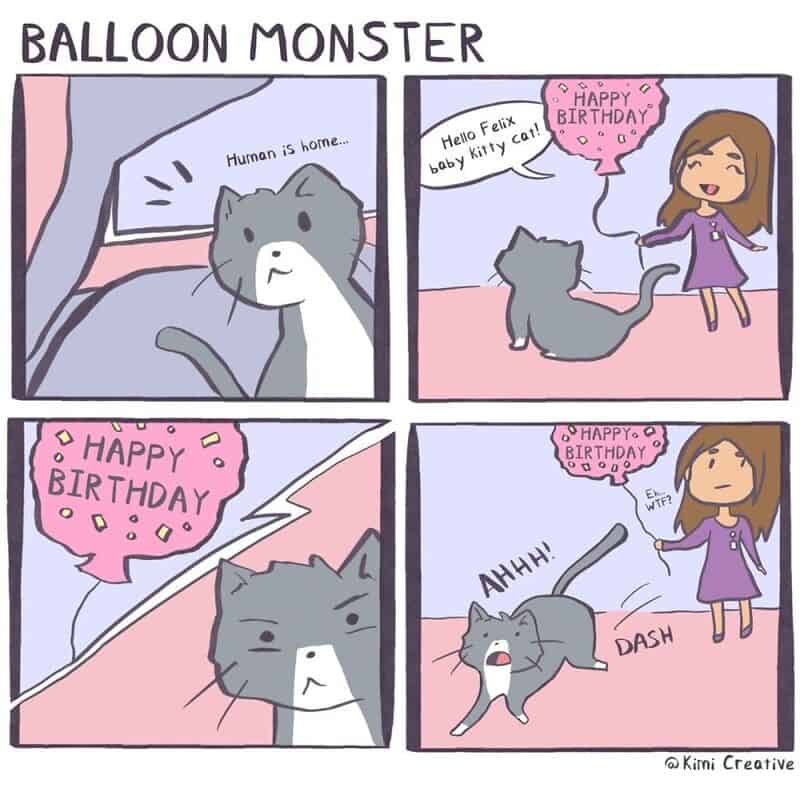 Gray cat surprised by birthday balloon and girl in purple dress in comic strip.