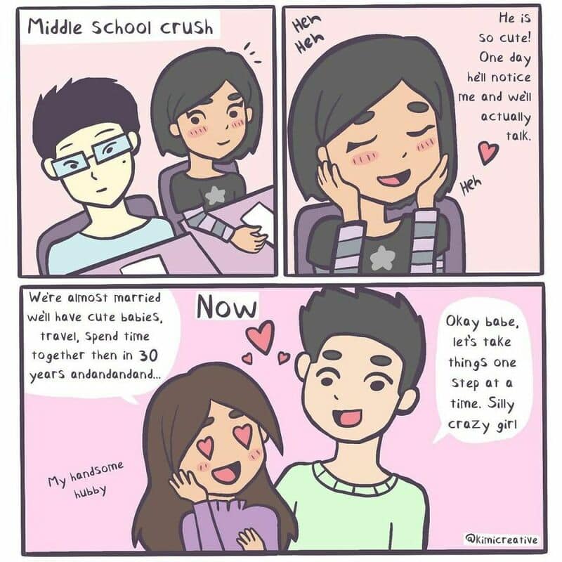 Comic strip about a girl secretly liking her middle school crush.