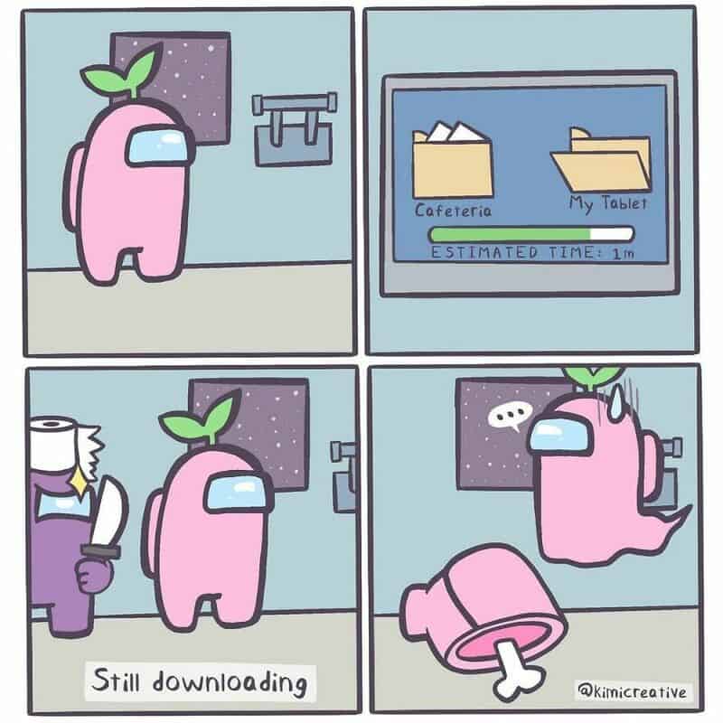 Among Us character with a sprout on its head, waiting to download files.