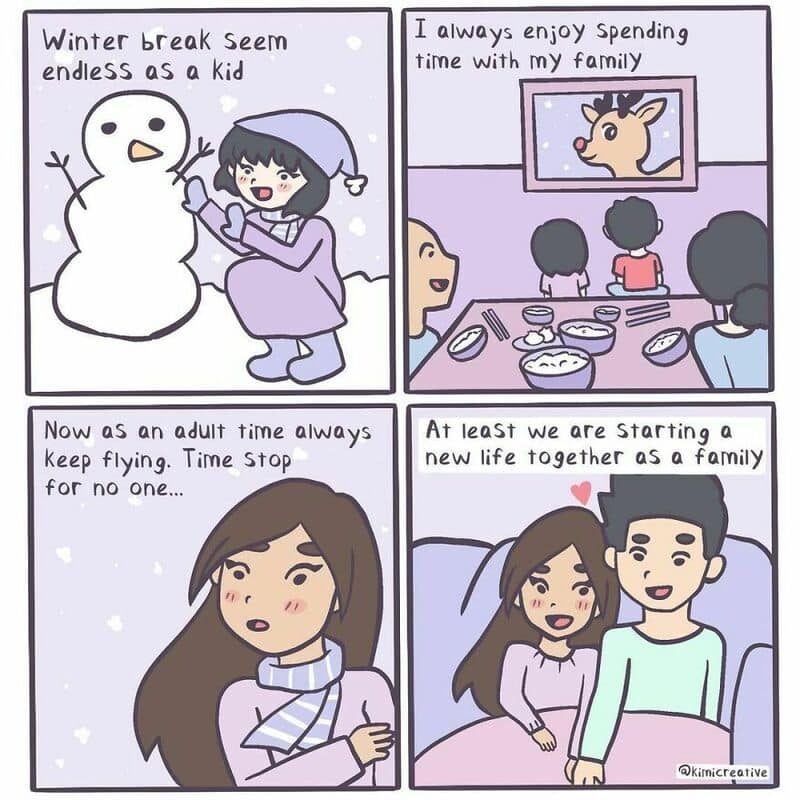 Relatable comic about childhood winter fun and family time.